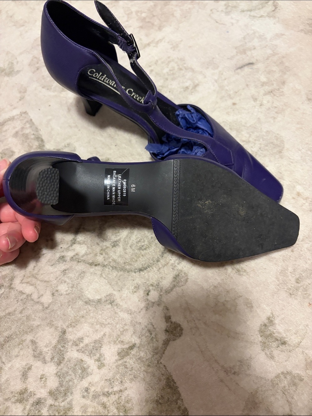 Coldwater Creek Women's Deep Purple Leather T-Strap Low Heels - Picture 3 of 3
